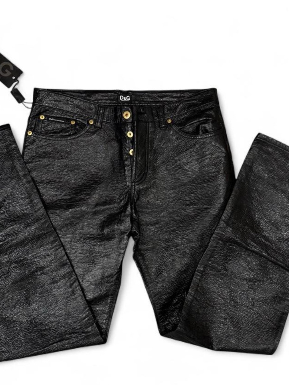 D&G Dolce & Gabbana Vintage Black Coated Pants Size 48 / 34 Y2K Flare NWT
